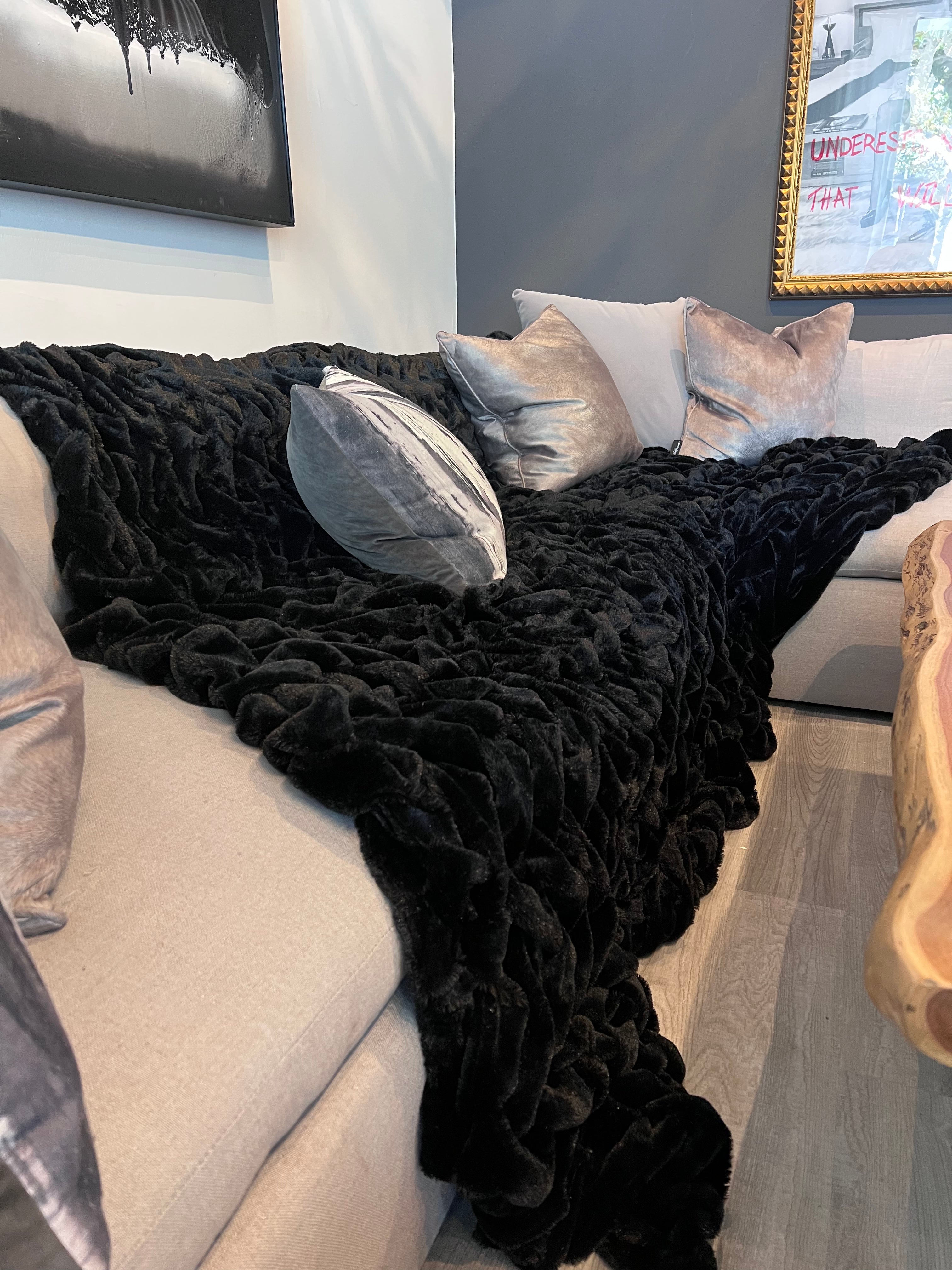 Braided Fluffy Faux Fur Chinchilla Black Bed Cover/ Coverlet/ Blanket/ Comforter/ King Cal Size - Queen Size