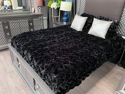 Braided Fluffy Faux Fur Chinchilla Black Bed Cover/ Coverlet/ Blanket/ Comforter/ King Cal Size - Queen Size