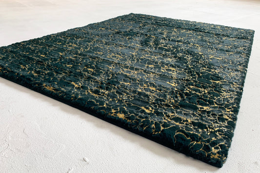 Hunter Green Faux Fur Rug With Golden Shimmery Metallic Design Carpet