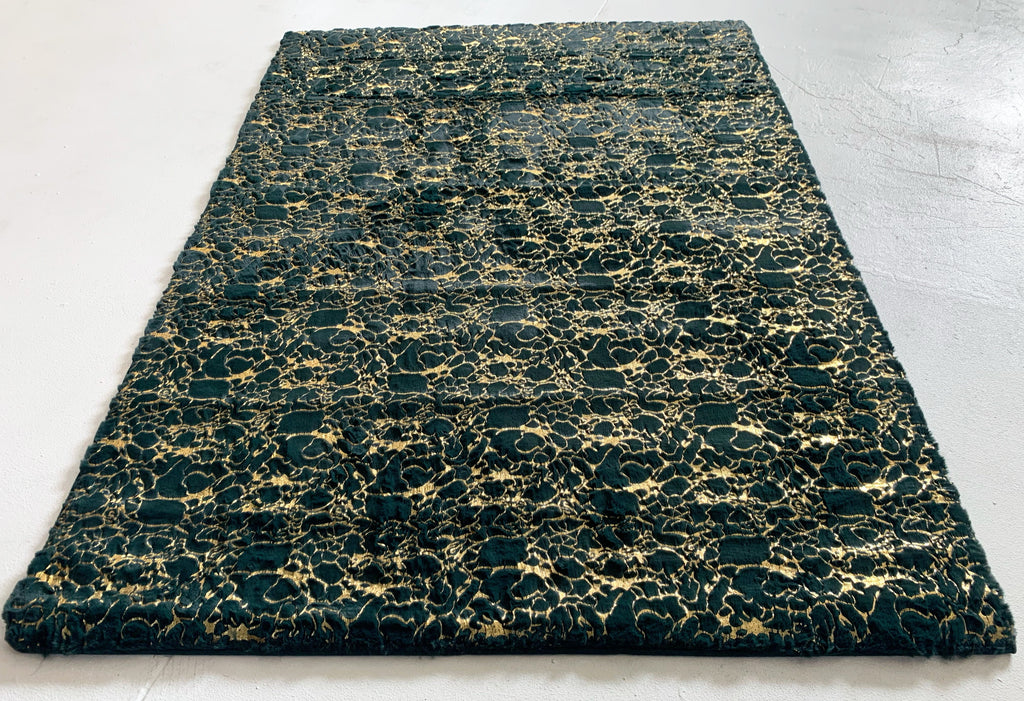 Hunter Green Faux Fur Rug With Golden Shimmery Metallic Design Carpet