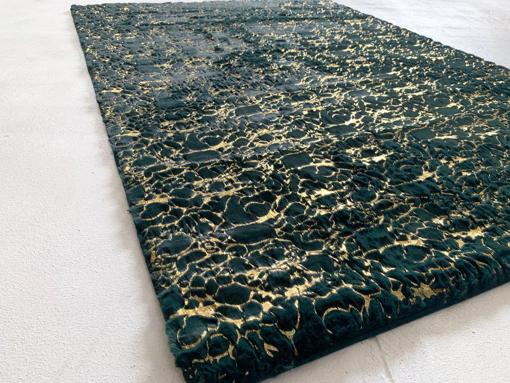 Hunter Green Faux Fur Rug With Golden Shimmery Metallic Design Carpet