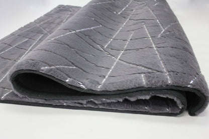 Charcoal Gray Faux Fur Rug With Metallic Silver Lines Rug/Carpet