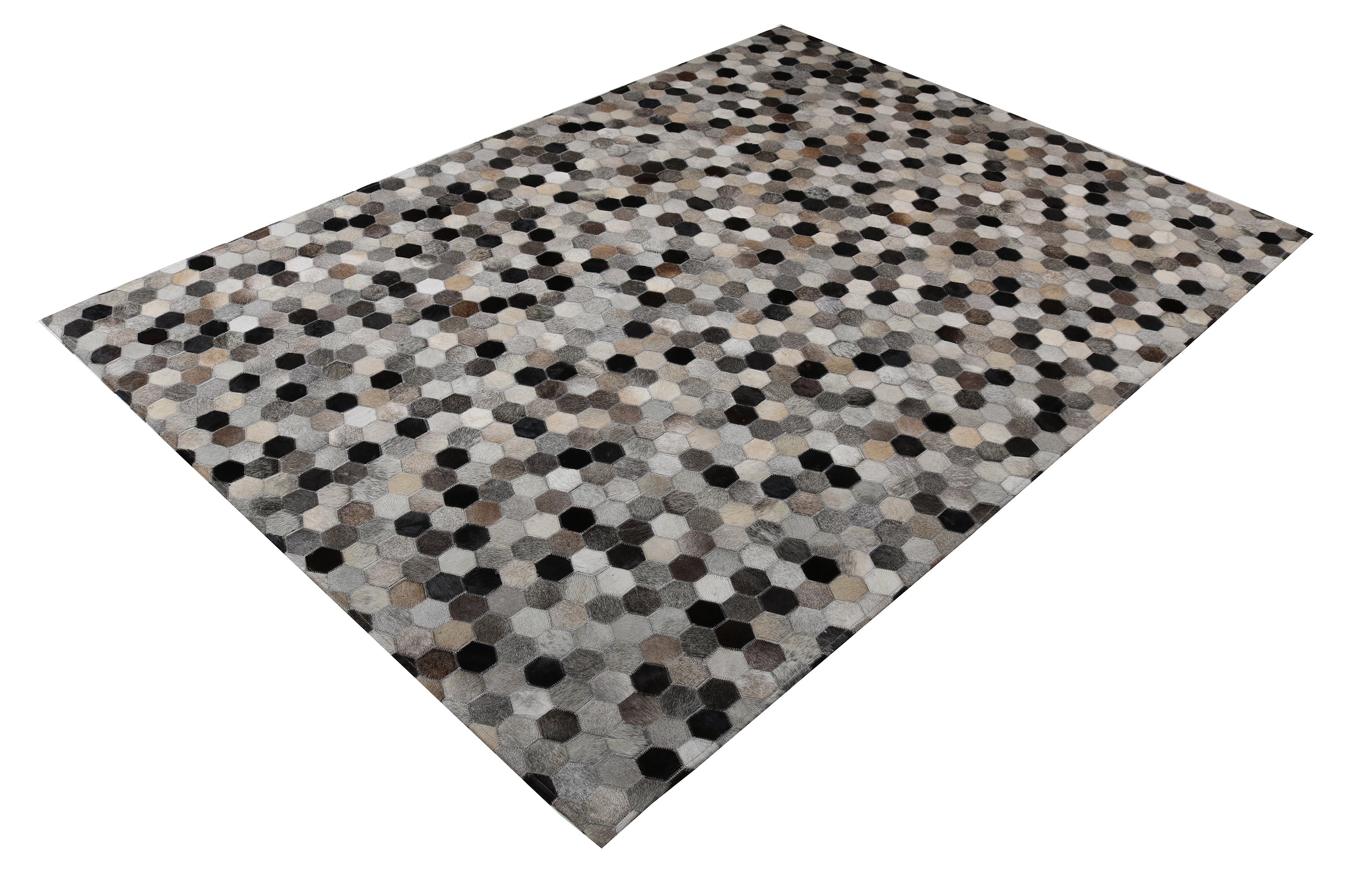 Geometric Octagon Cowhide Patchwork Rug – Earthy Browns with Black Accents - Patchwork PCH217