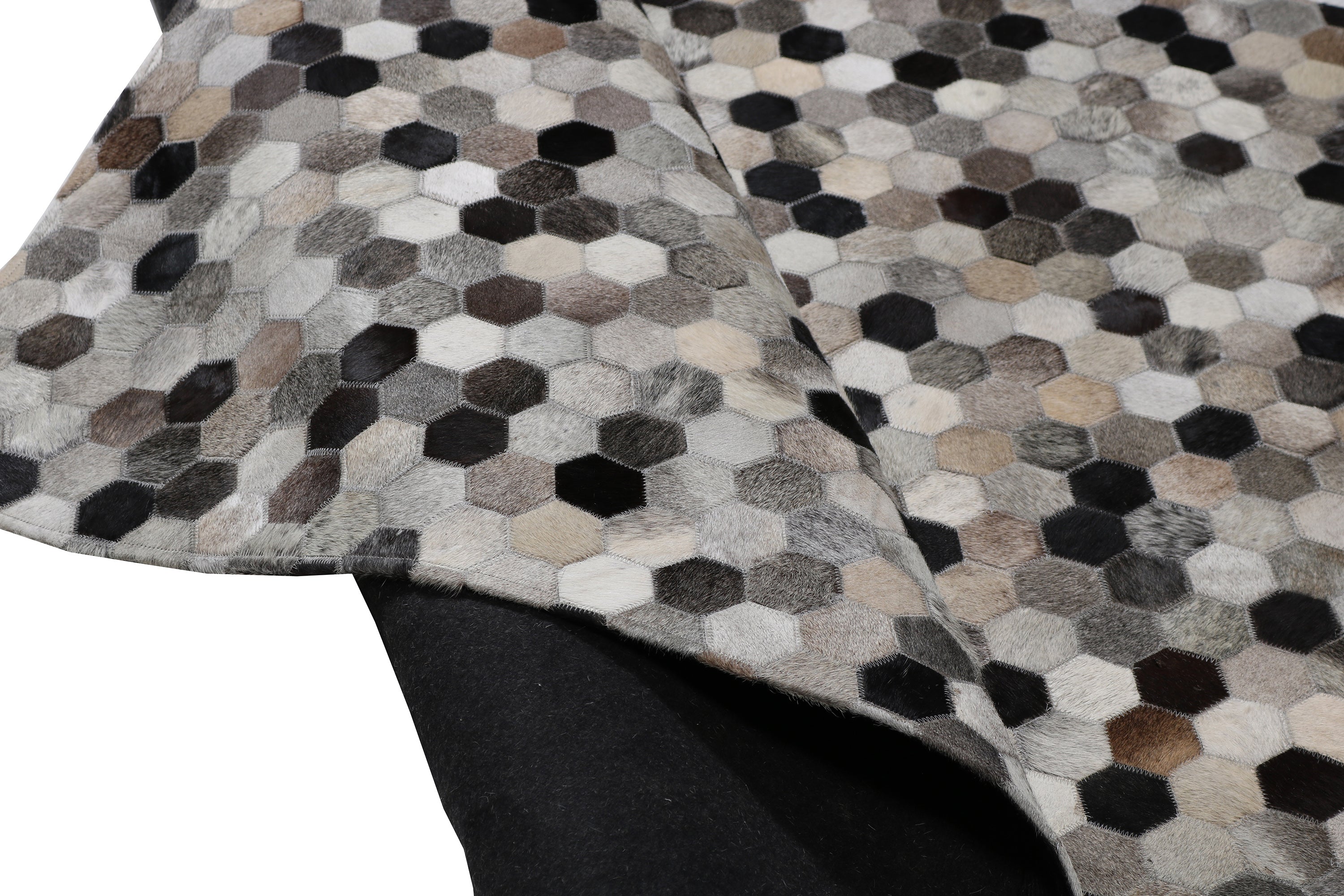 Geometric Octagon Cowhide Patchwork Rug – Earthy Browns with Black Accents - Patchwork PCH217