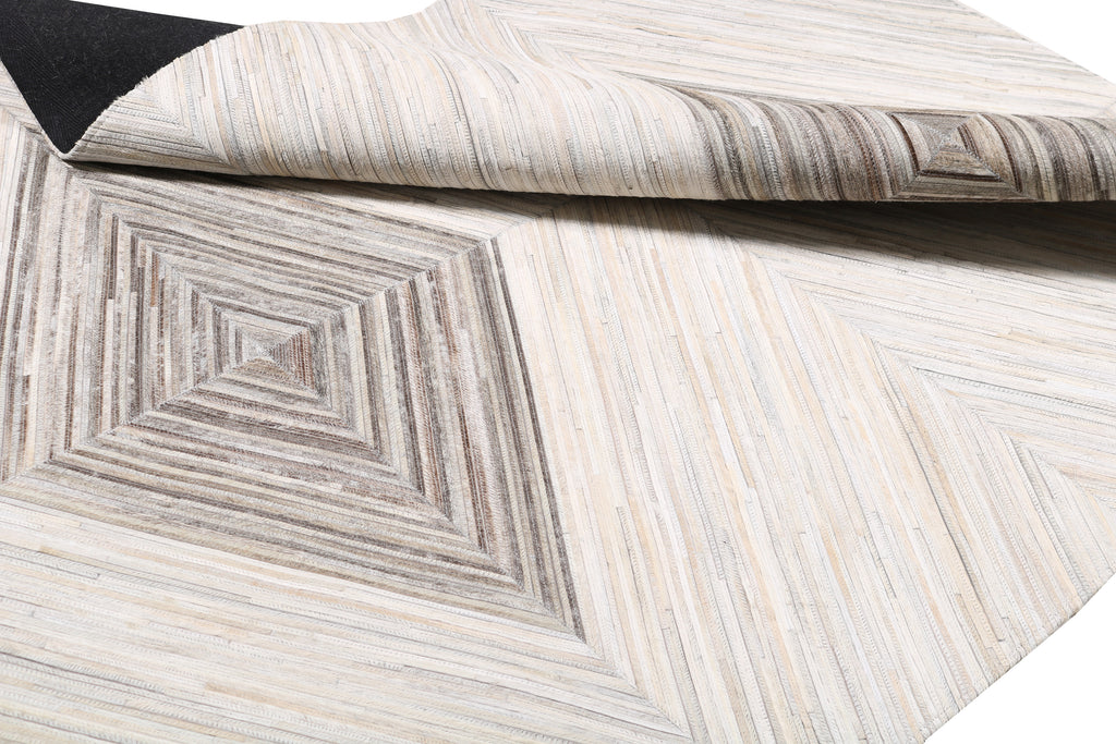 Geometric Diamond Cowhide Patchwork Rug – Ivory, Charcoal Grey, White & Brown Accents - Patchwork PCH221