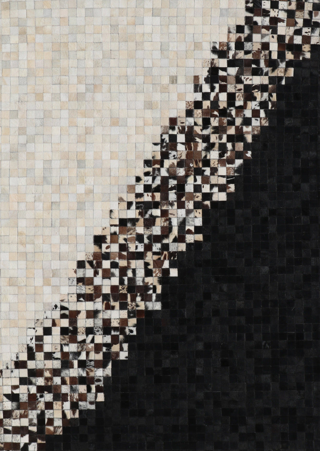 Modern Geometric Cowhide Rug – Black & White with Earth-Tone Checkers – 100% Real - Tikkul Black and White Patchwork Cowhide
