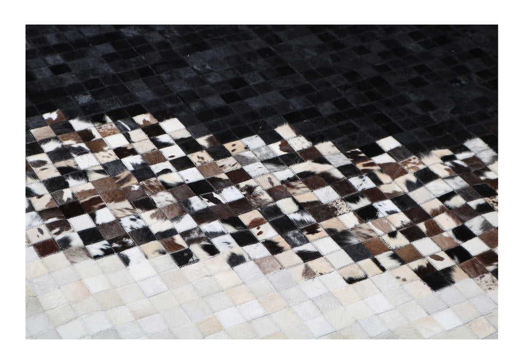Modern Geometric Cowhide Rug – Black & White with Earth-Tone Checkers – 100% Real - Tikkul Black and White Patchwork Cowhide