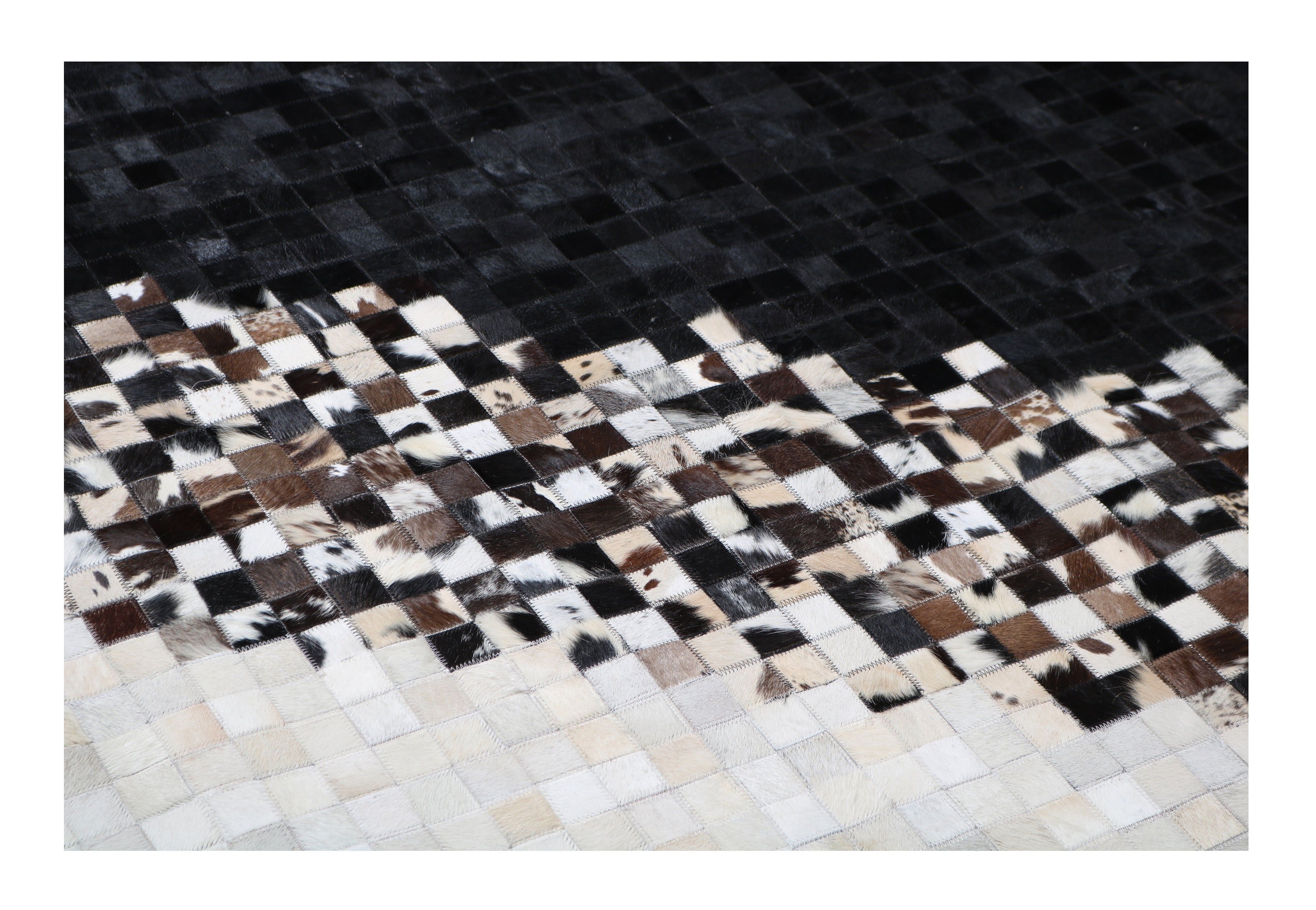 Modern Geometric Cowhide Rug – Black & White with Earth-Tone Checkers – 100% Real - Tikkul Black and White Patchwork Cowhide