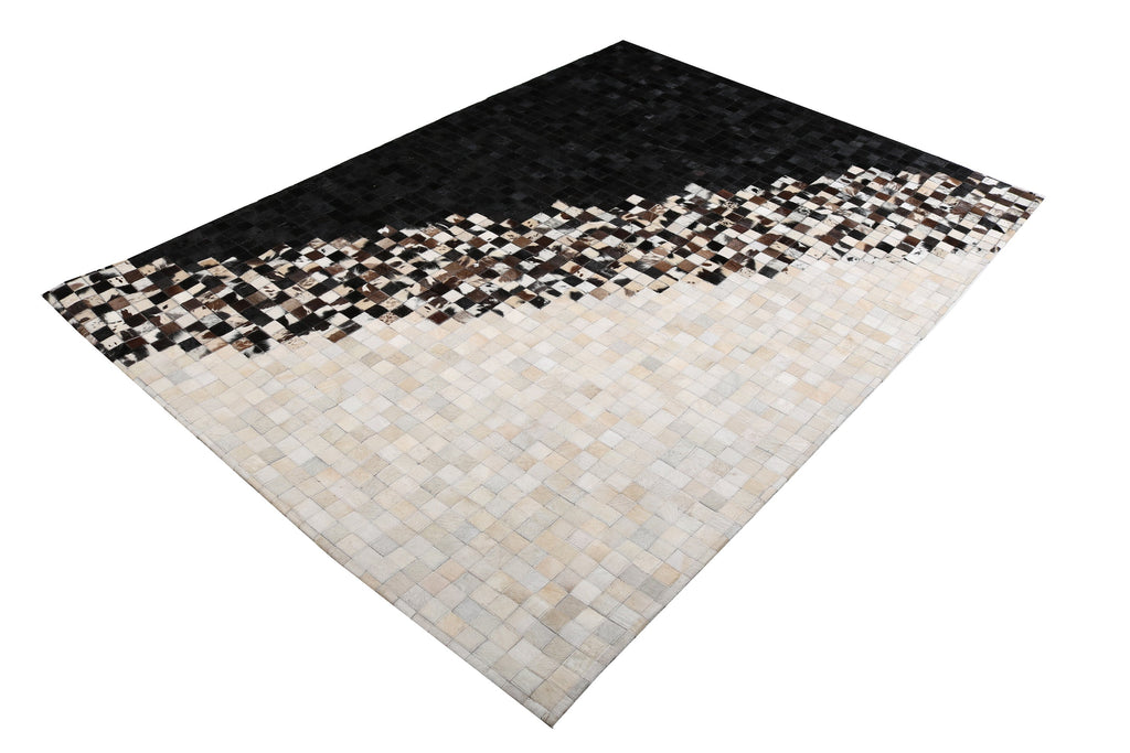 Modern Geometric Cowhide Rug – Black & White with Earth-Tone Checkers – 100% Real - Tikkul Black and White Patchwork Cowhide