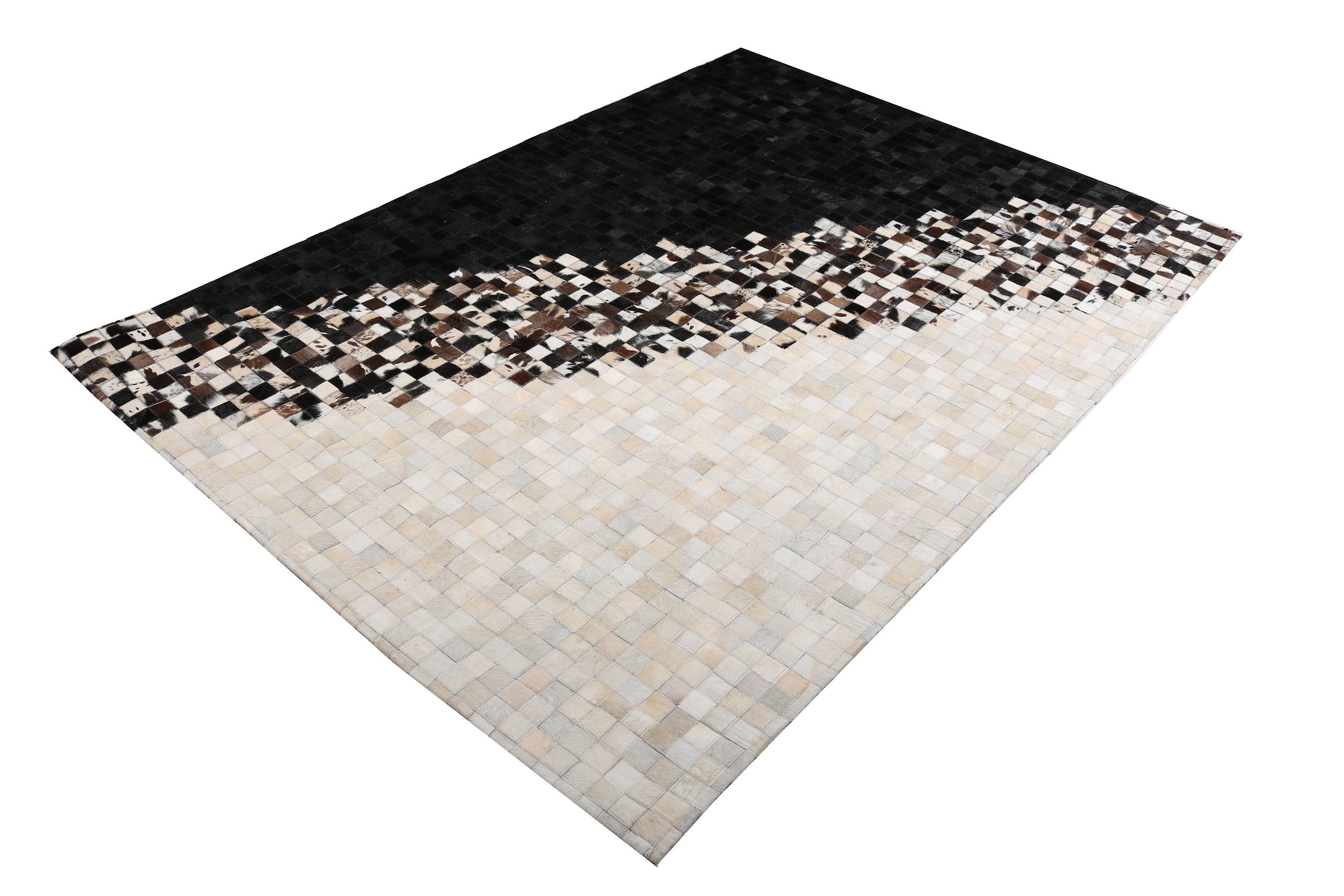 Modern Geometric Cowhide Rug – Black & White with Earth-Tone Checkers – 100% Real - Tikkul Black and White Patchwork Cowhide