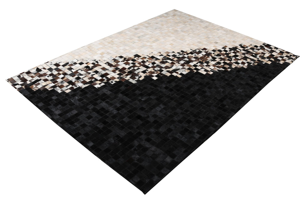 Modern Geometric Cowhide Rug – Black & White with Earth-Tone Checkers – 100% Real - Tikkul Black and White Patchwork Cowhide